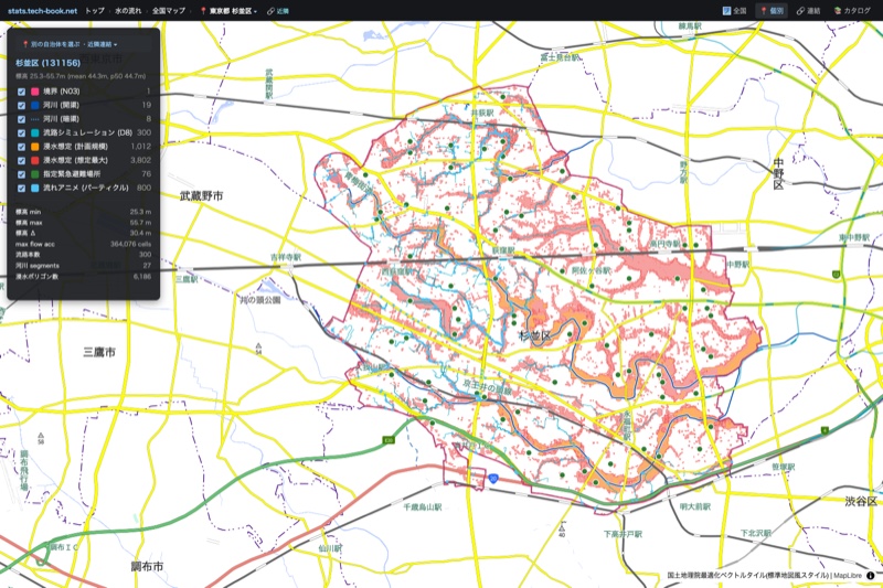 個別自治体マップ — 杉並区の境界 + 河川 + 浸水想定 + 流路 particle animation